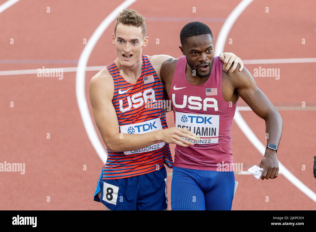 Trevor Bassitt (USA) and Rai Benjamin (USA) celebrate winning bronze and silver respectively in the 400 meter hurdles during the afternoon session on Stock Photo
