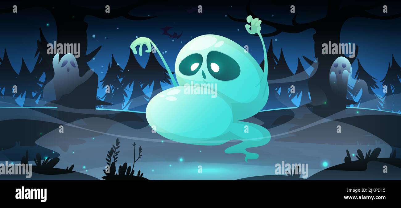 Spooky Halloween background with ghosts flying in dark forest at night ...