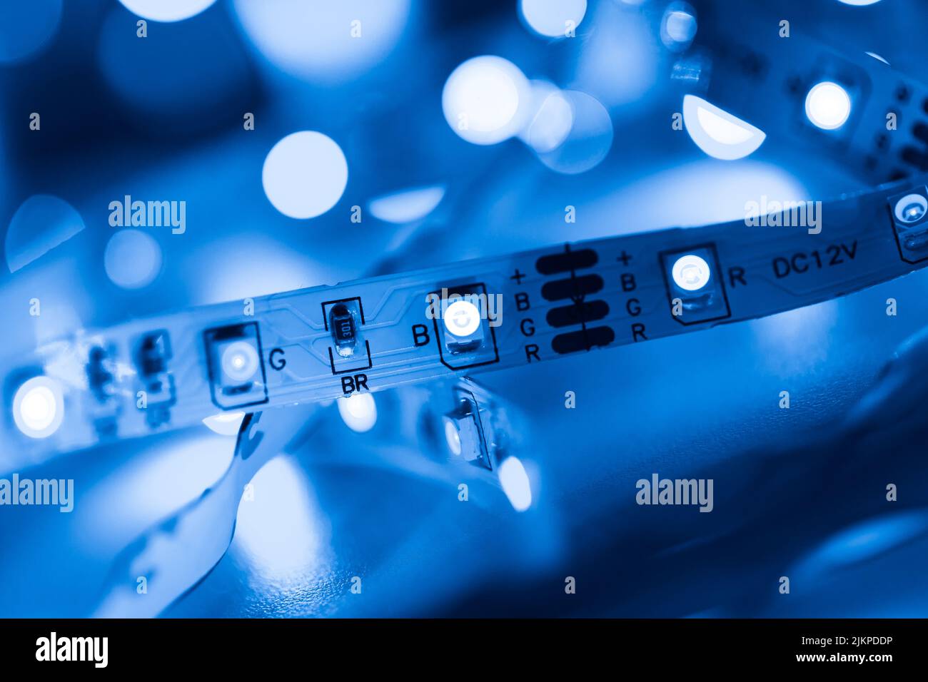 LED strip, blue lights, close up photo with selective soft focus Stock Photo