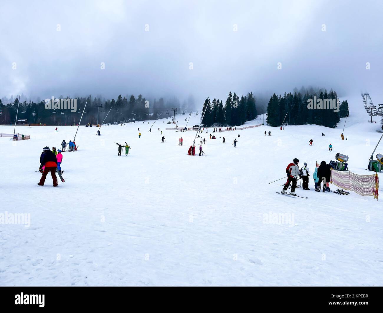 Bukovel Ukraine February 2022 Skier skiing downhill in winter resort