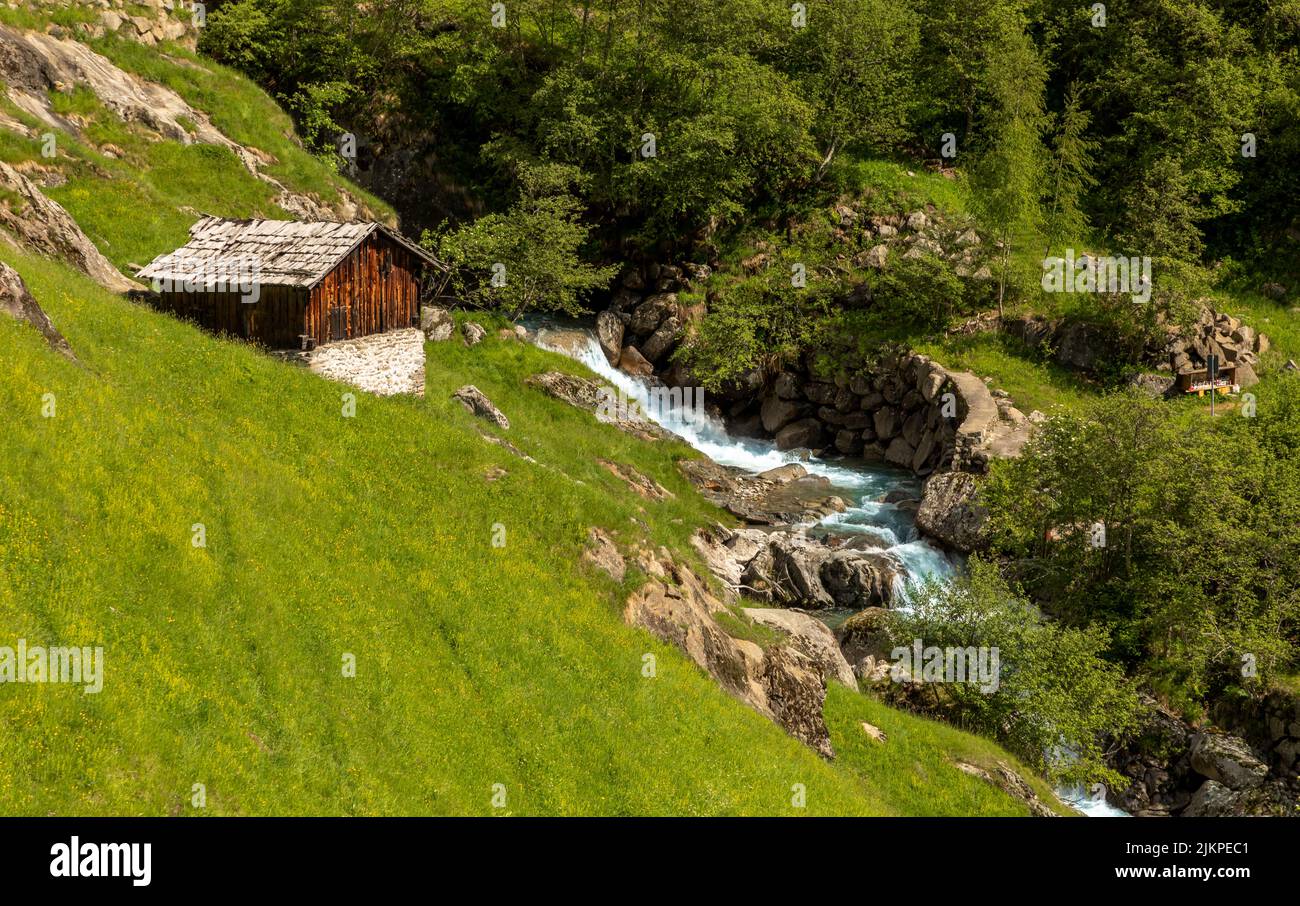 Hut at Zielbach creek above Parcines, South Tyrol Stock Photo