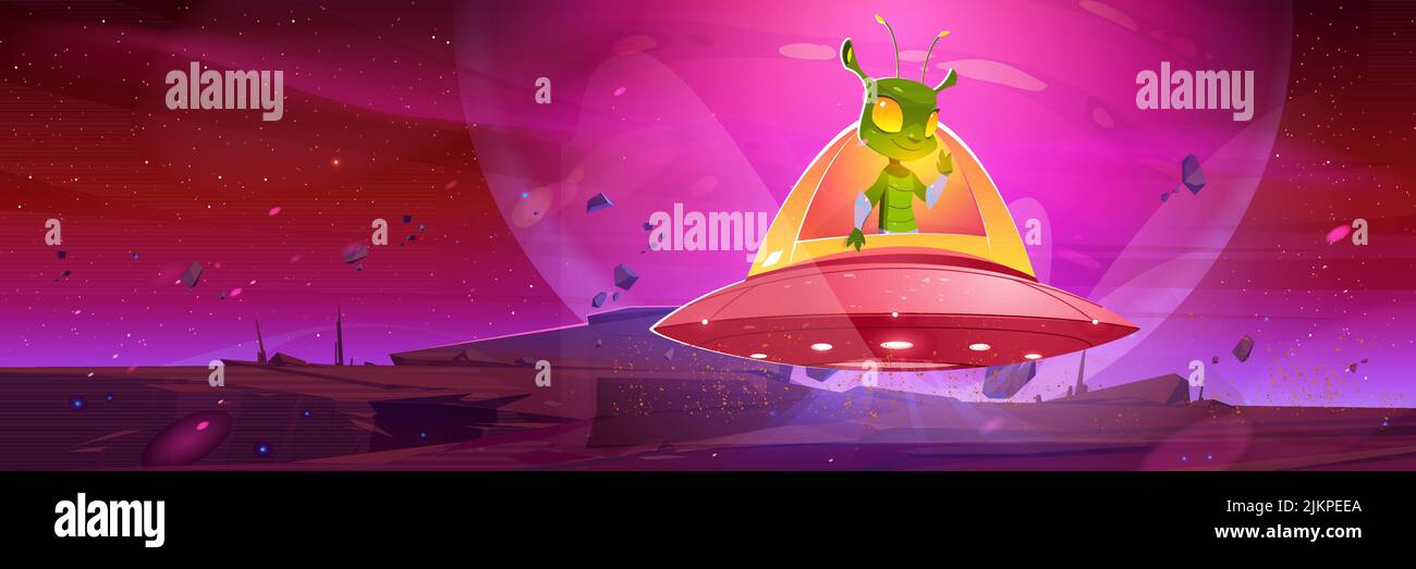 Cute alien in spaceship hover above planet surface. Vector cartoon ...