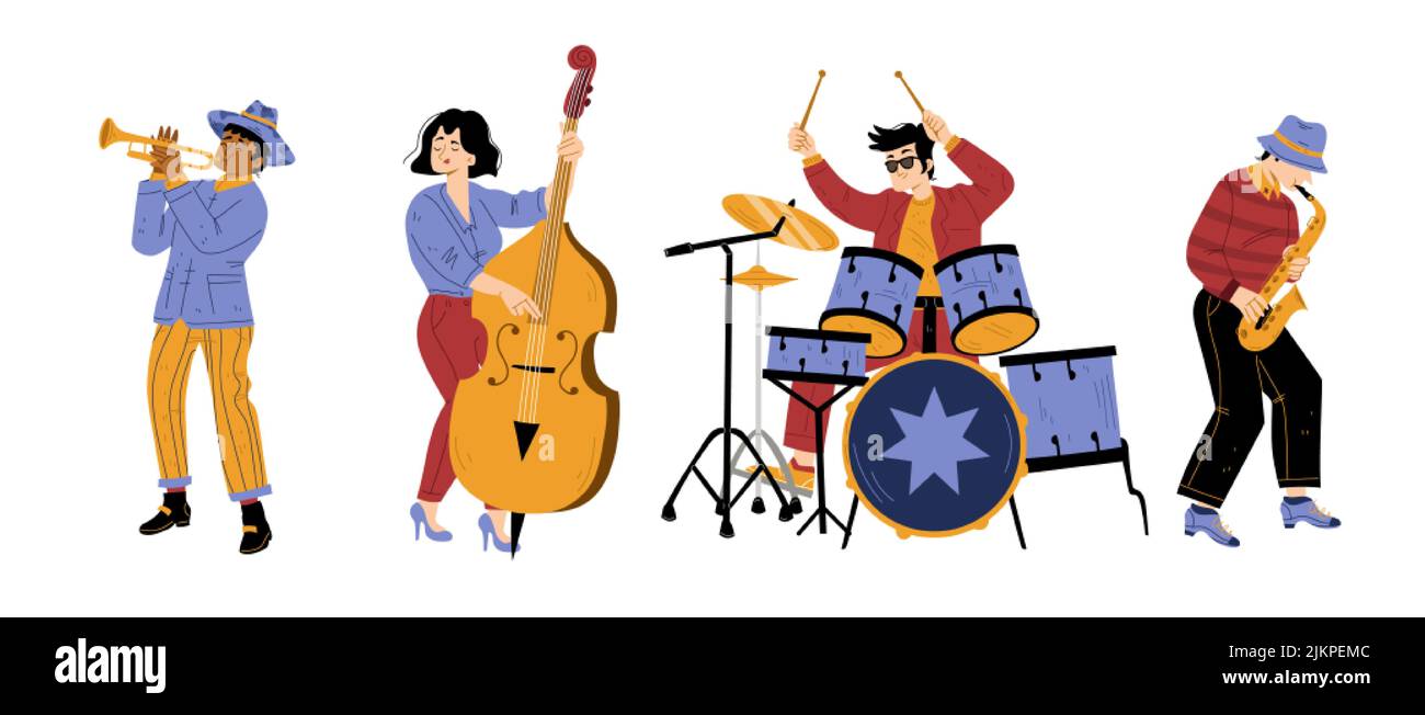 Jazz band vibe, artists performing music on stage. Men and woman playing on instruments drum, saxophone, trumpet and double bass. Musical concert, per Stock Vector