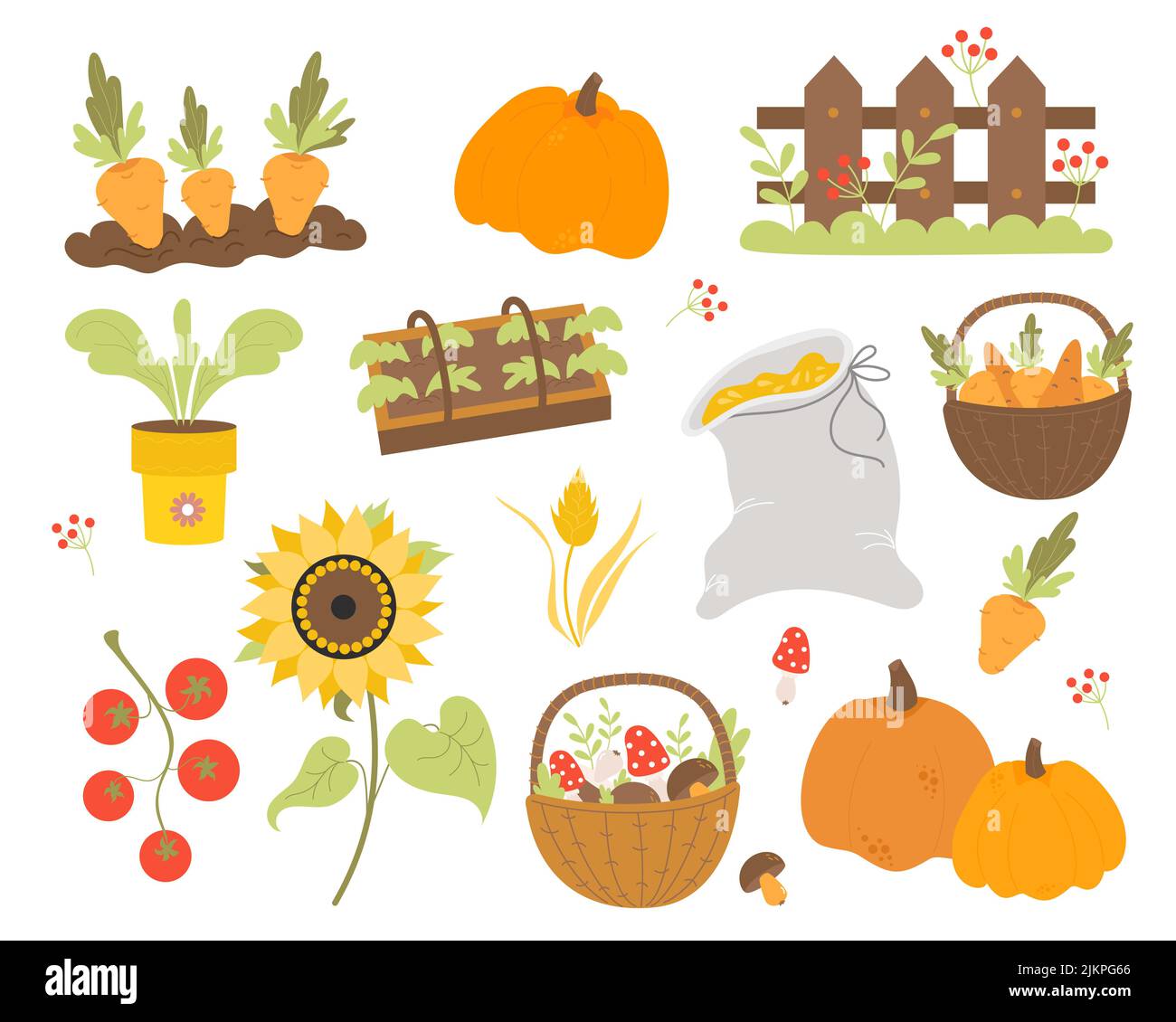 Vector set agriculture. Farming and harvest, bed with carrots, greenhouse with plants, wicker basket with vegetables, sunflower and wooden fence, sack Stock Vector