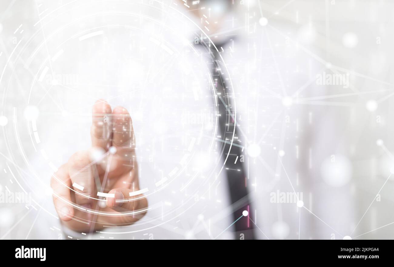 A network graphic with a person's hand touching it from the background Stock Photo