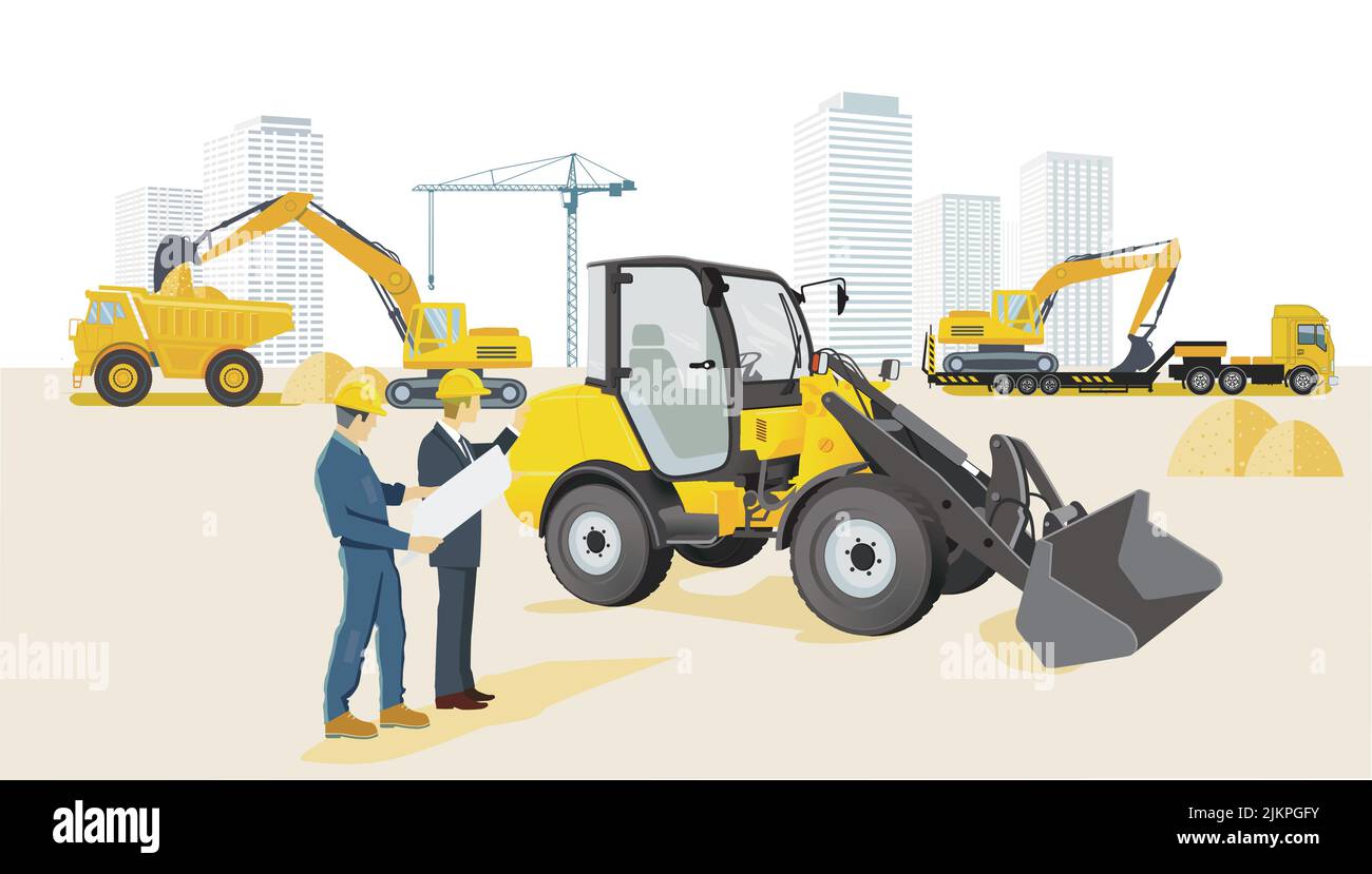 excavator with bulldozer loading, illustration Stock Vector