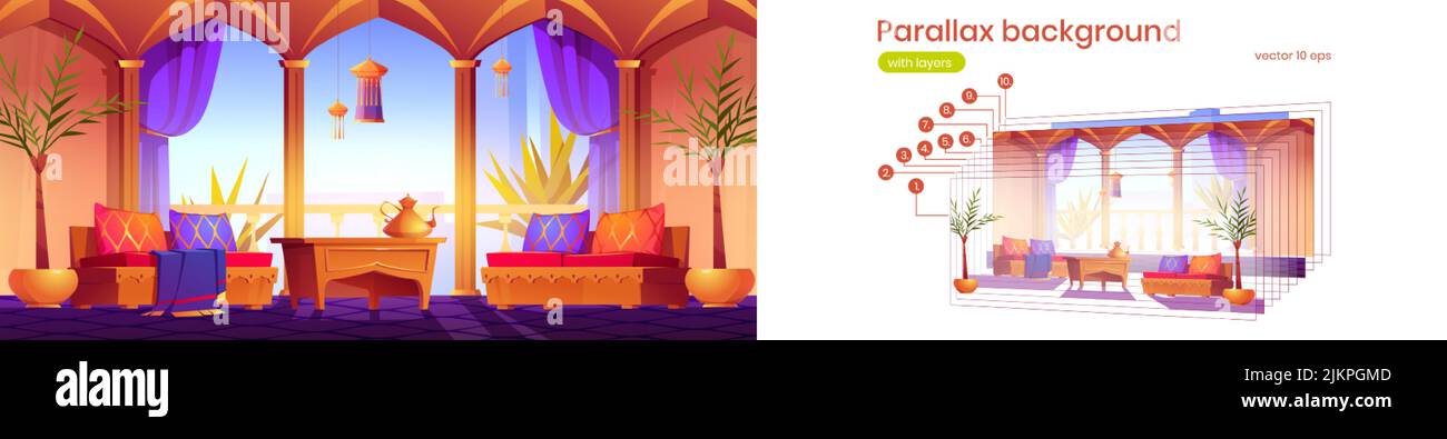 Parallax background for game with arabic style living room, palace or hotel interior. 2d cartoon apartment with oriental furniture, arched windows and Stock Vector