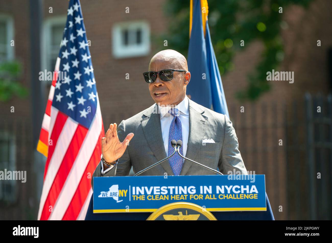Mayor Eric Adams speaks during a joint housing and clean energy-related announcement at Woodside Houses NYCHA complex in Queens Borough of New York City. Governor Hochul and Mayor Adams announce $70 million initial investment to decarbonize NYCHA buildings as part of clean heat for all challenge. The plan calls for the installation of what's called an 'electric heat pump', developed by NYPA selected Midea America and Gradient, in 30,000 units, which would provide tenants in each apartment with the ability to control the heat or keep their units cool throughout the year. (Photo by Ron Adar / SO Stock Photo