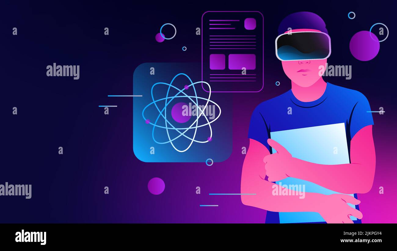 Science in Metaverse. Studying STEM in Virtual Reality Goggles. Vector