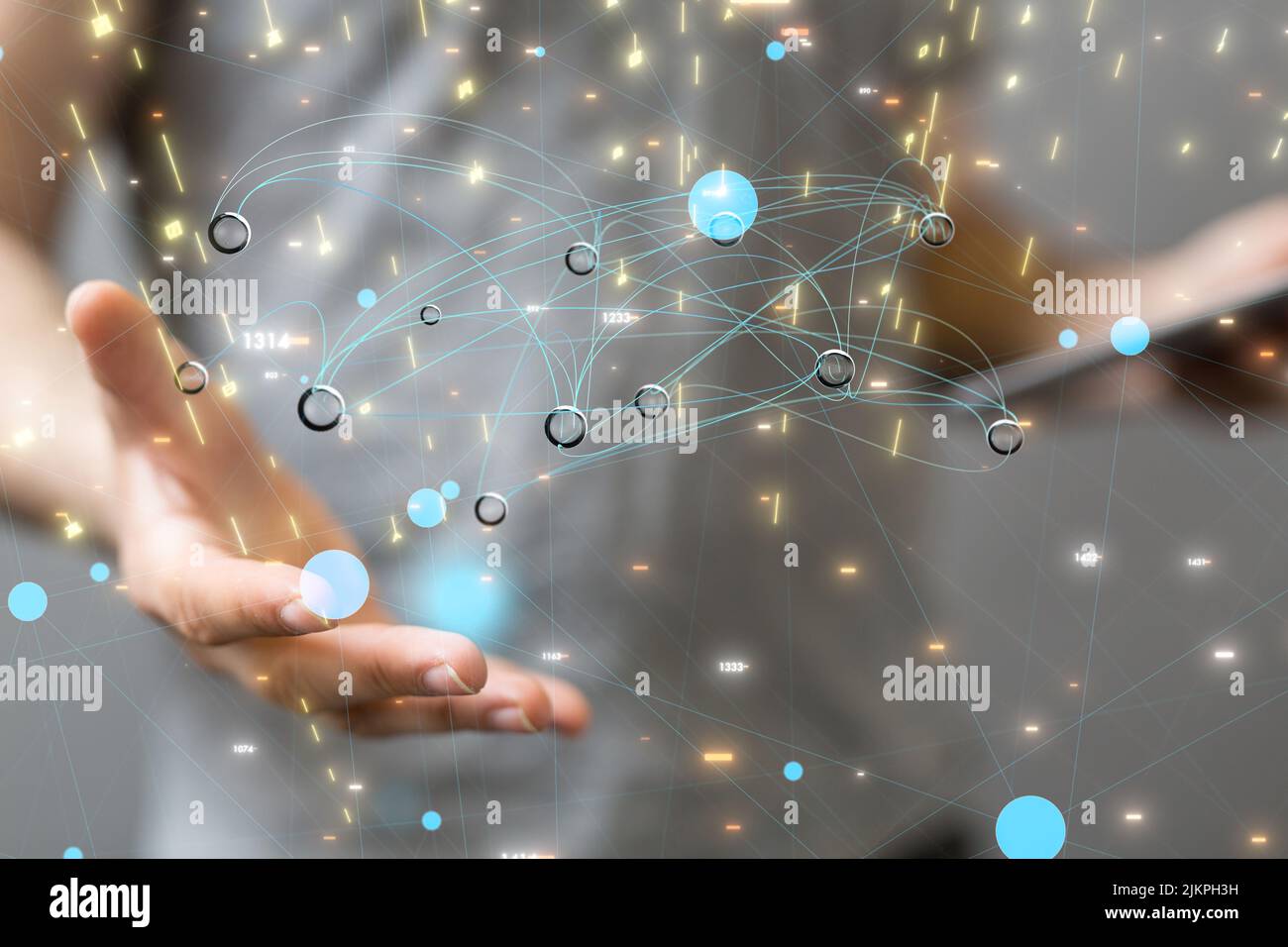 A 3D rendering of a man pointing at hovering sphere network structures ...