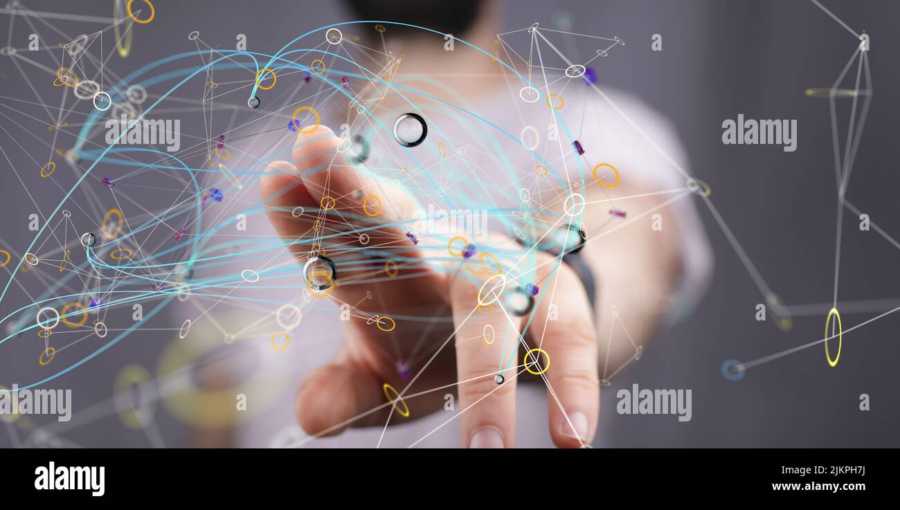 A 3D rendering of abstract neural network icons with hand tapping on it ...