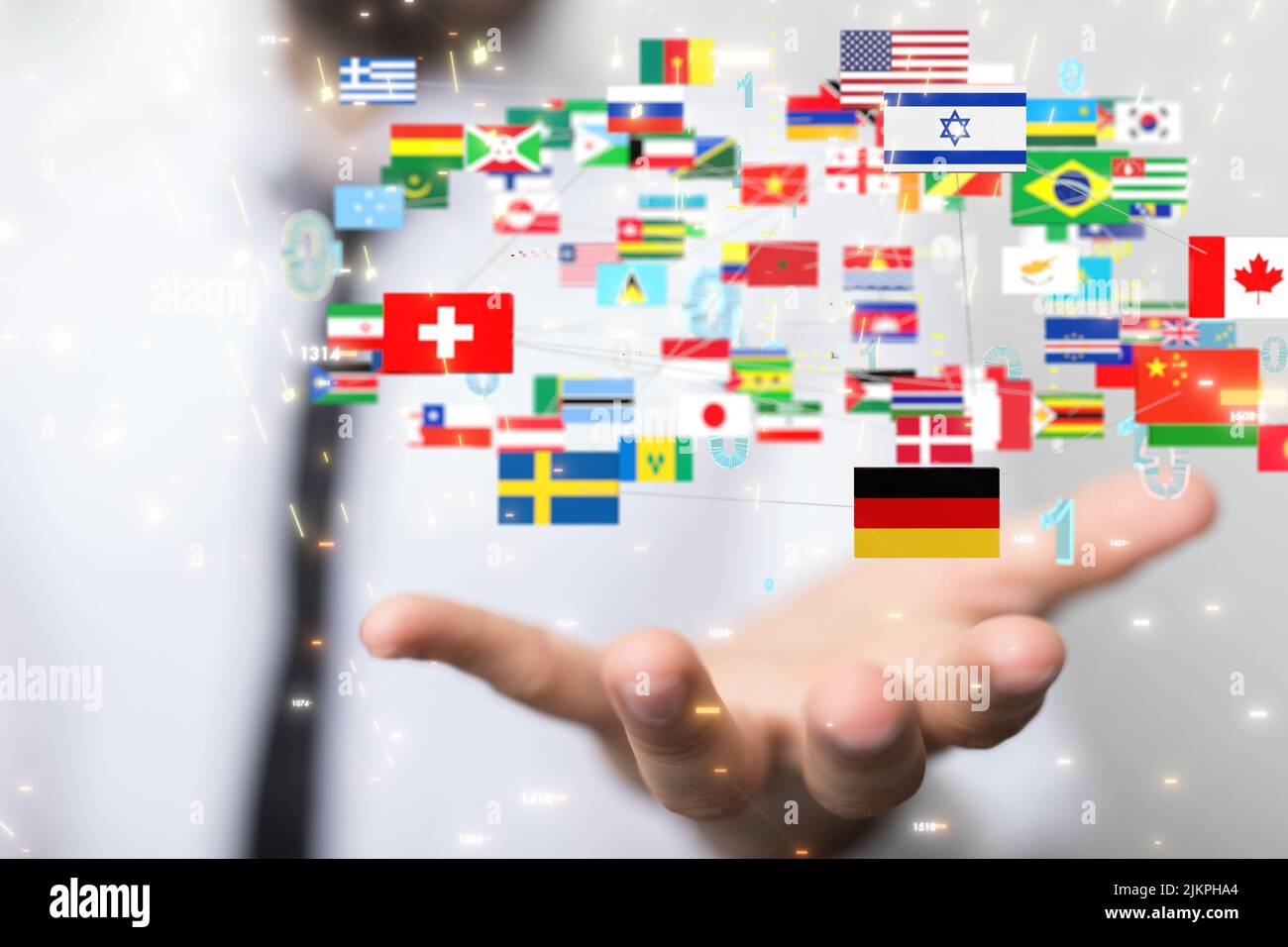 A 3D rendering of country flags with binary codes over handsglobal