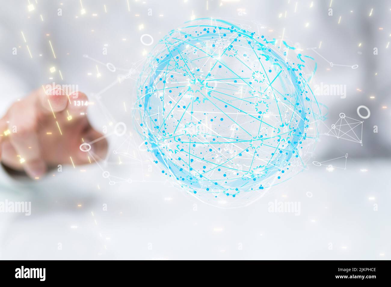A 3D rendering of abstract neural network icons with hand tapping on it ...