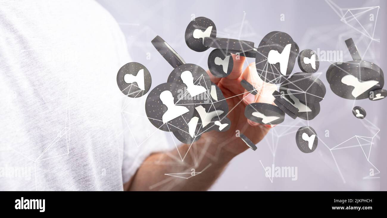 A 3D rendering of human icons with hand tapping on it from behind ...