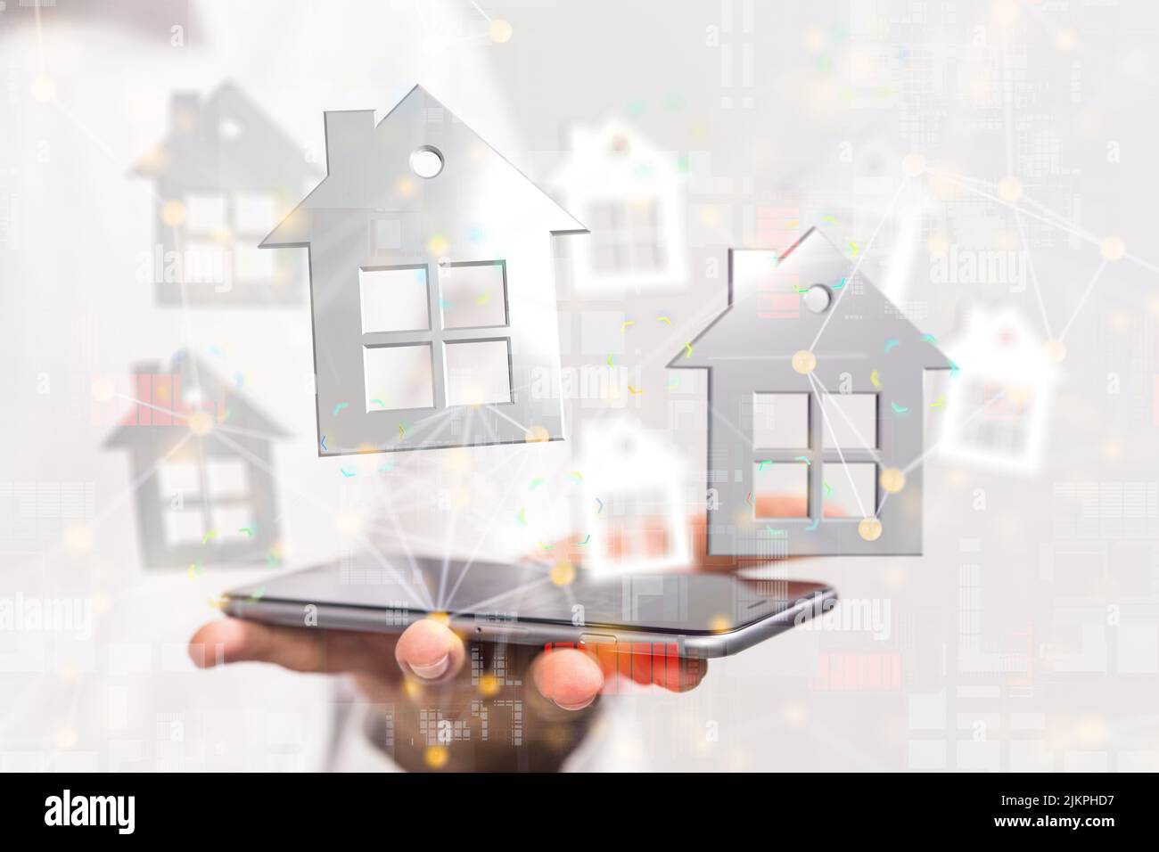 A 3D rendering of home icons floating over a mobile phonehome data