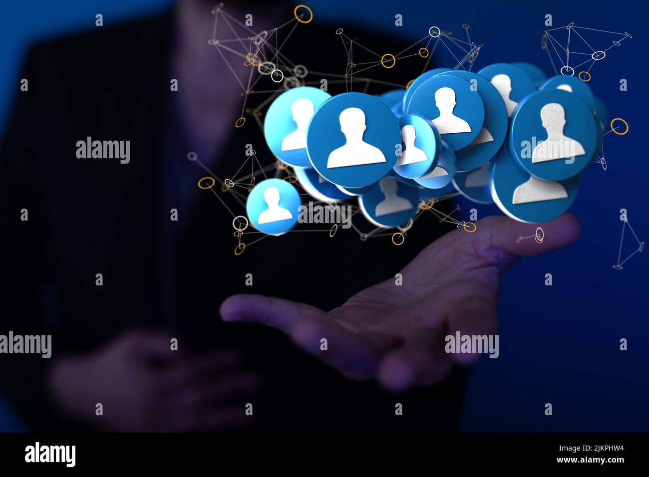 A 3d rendering of human figures in blue circles connected with neural ...