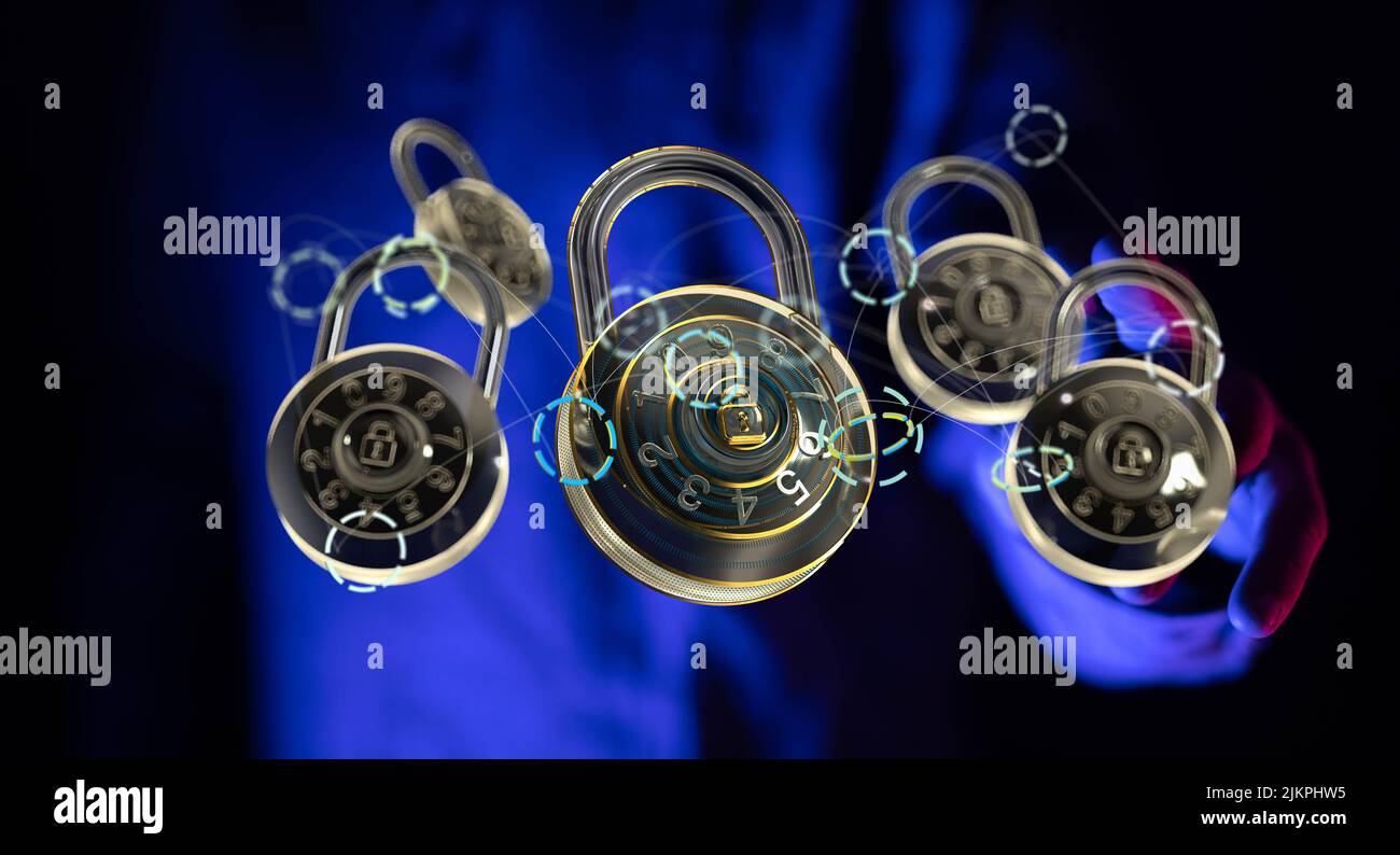 A 3d rendering of cybersecurity and information or network protection symbols Stock Photo