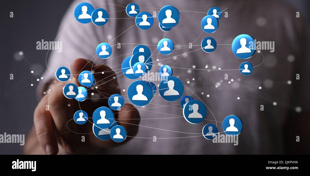 A 3d rendering of human figures in blue circles connected with neural ...