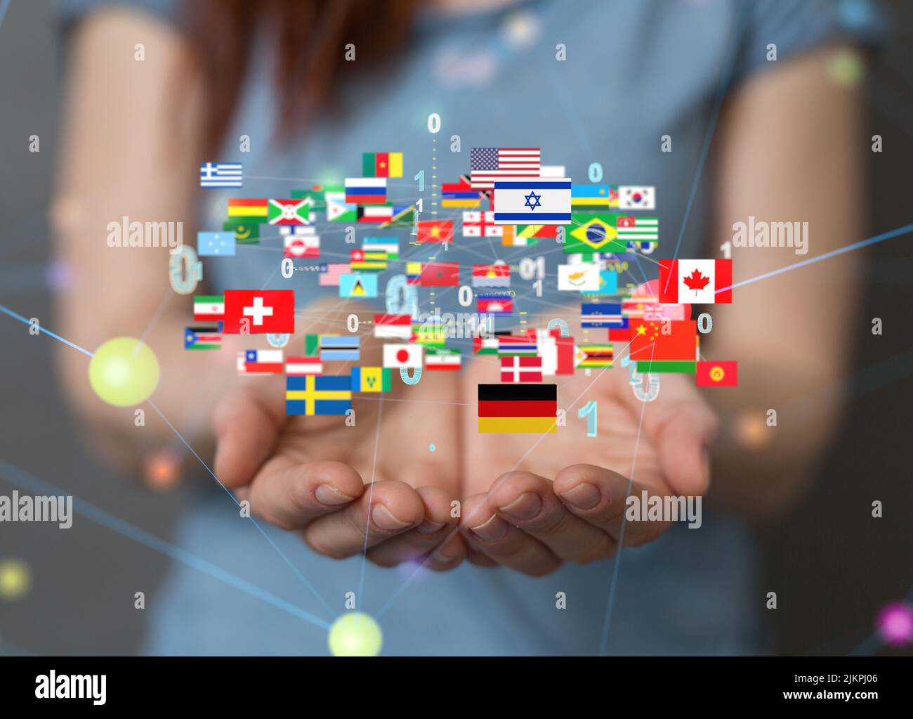 A 3d rendering of international flags and connections for global