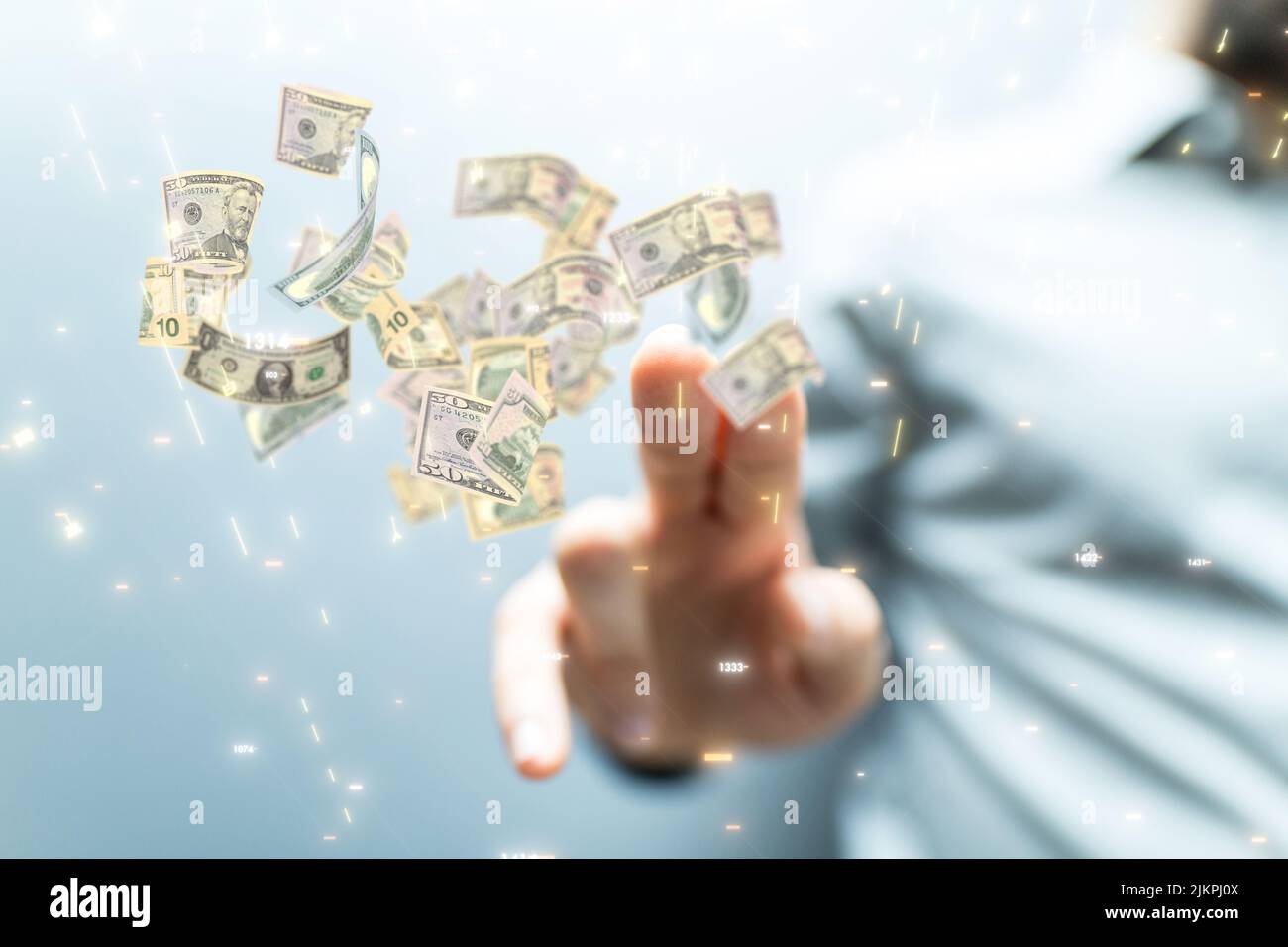 A 3D isolation of dollar bills raining in the air and fingers pointing ...