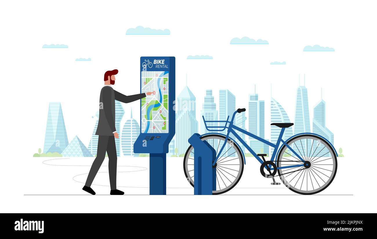 Man touching bike rental station terminal screen on modern cityscape street. Businessman chooses bicycle rent location on self service counter. Public cycle eco transport sharing vector eps banner Stock Vector