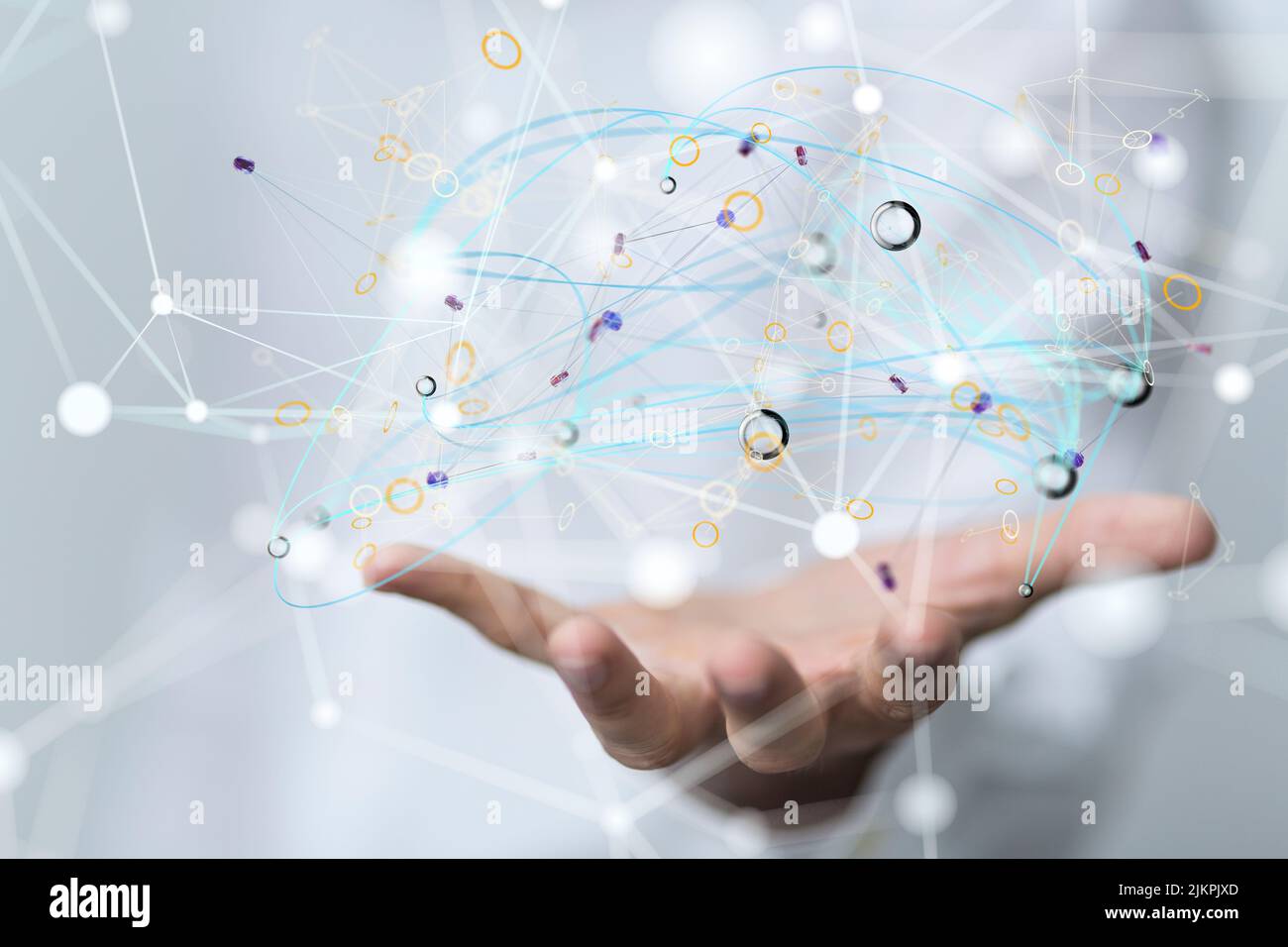 A 3D rendering of sphere network structure hovering on a man's hand ...