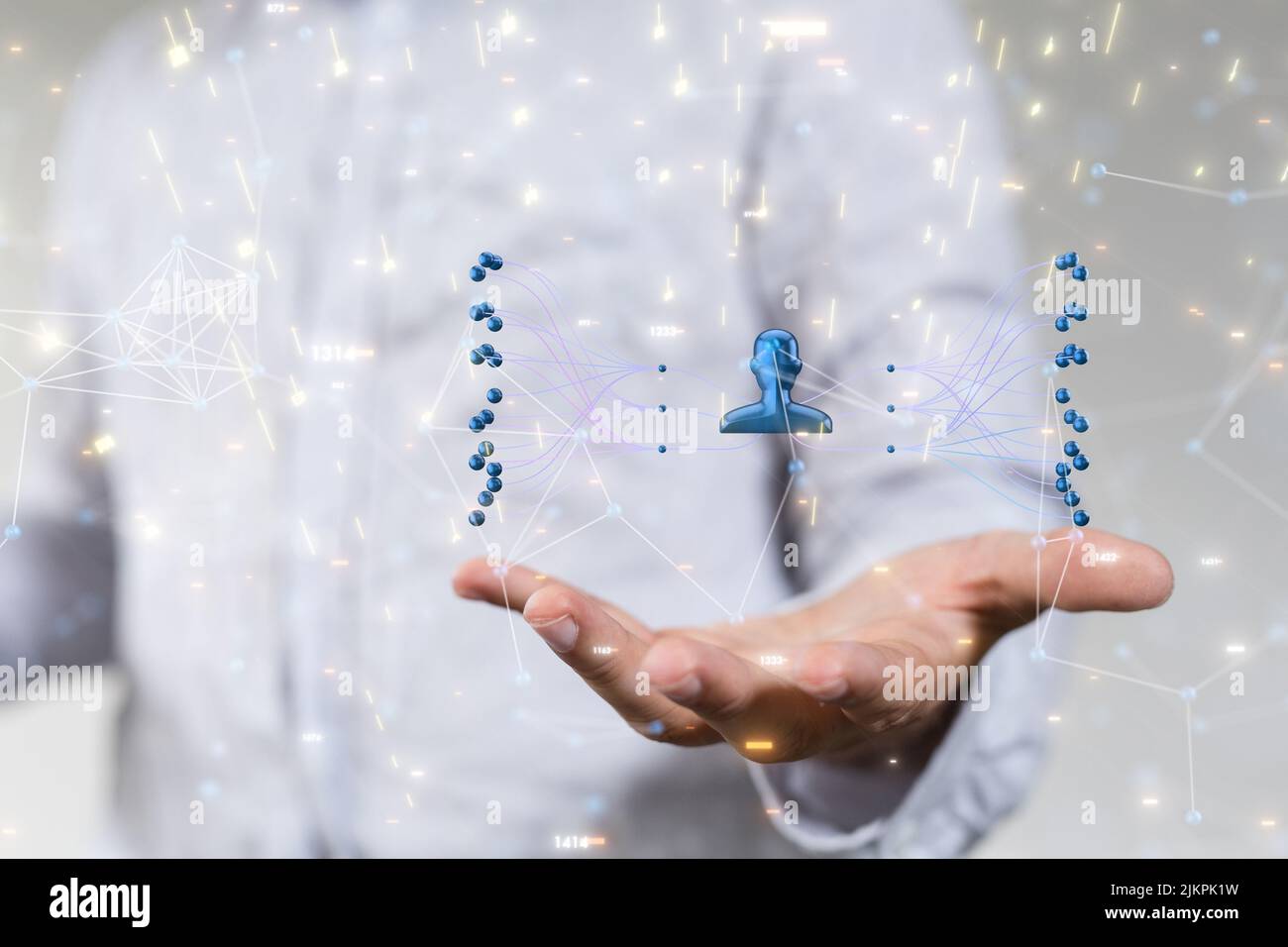 A 3D rendering of a hovering blue man icon connected with sphere ...