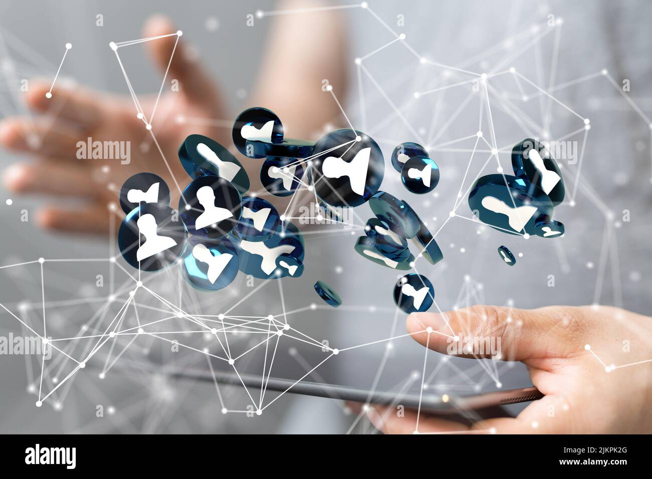 A 3D rendering of a group of floating blue people icons on a tablet ...