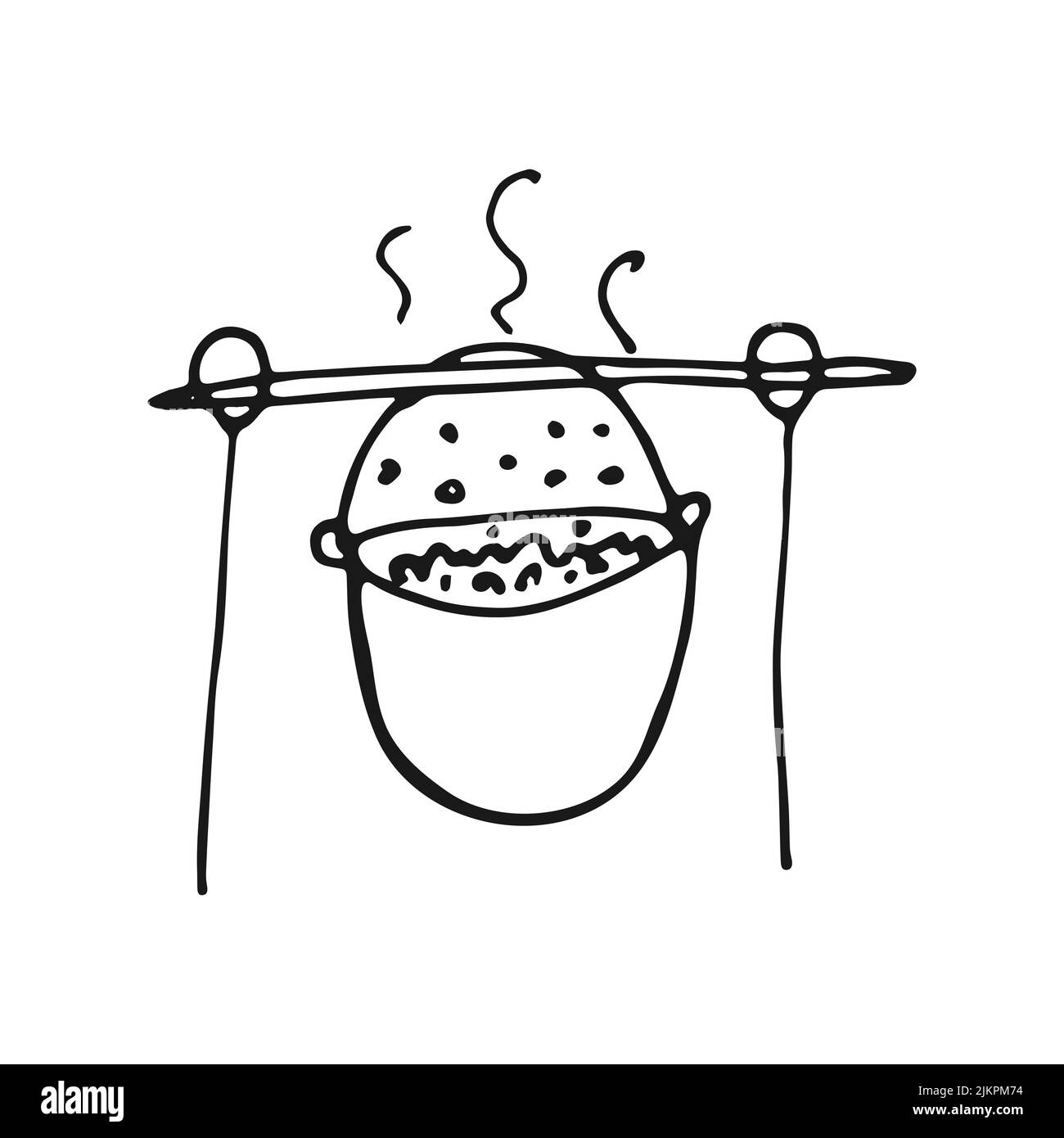 Pot for cooking tourist food in the style of doodle. Tourist cauldron for a hike. Hand drawn camping kitchen equipment. Vector black and white Stock Vector