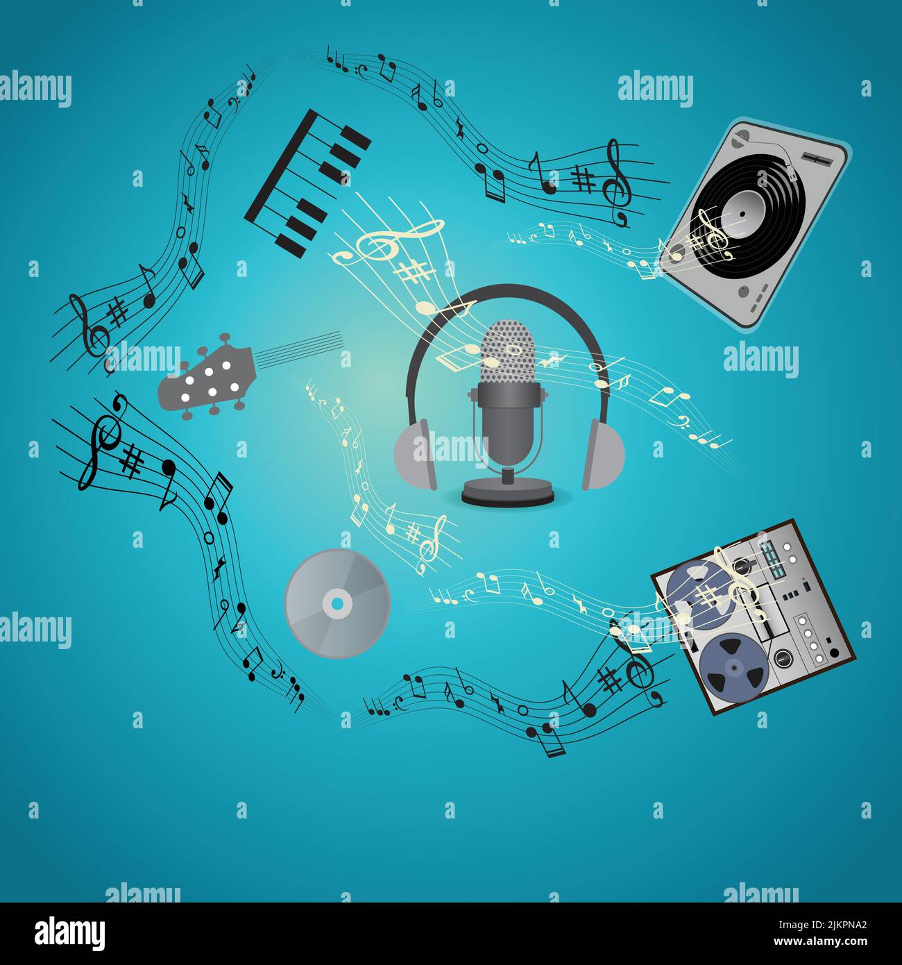 Studio table microphone with headphones musical notes, treble clef and