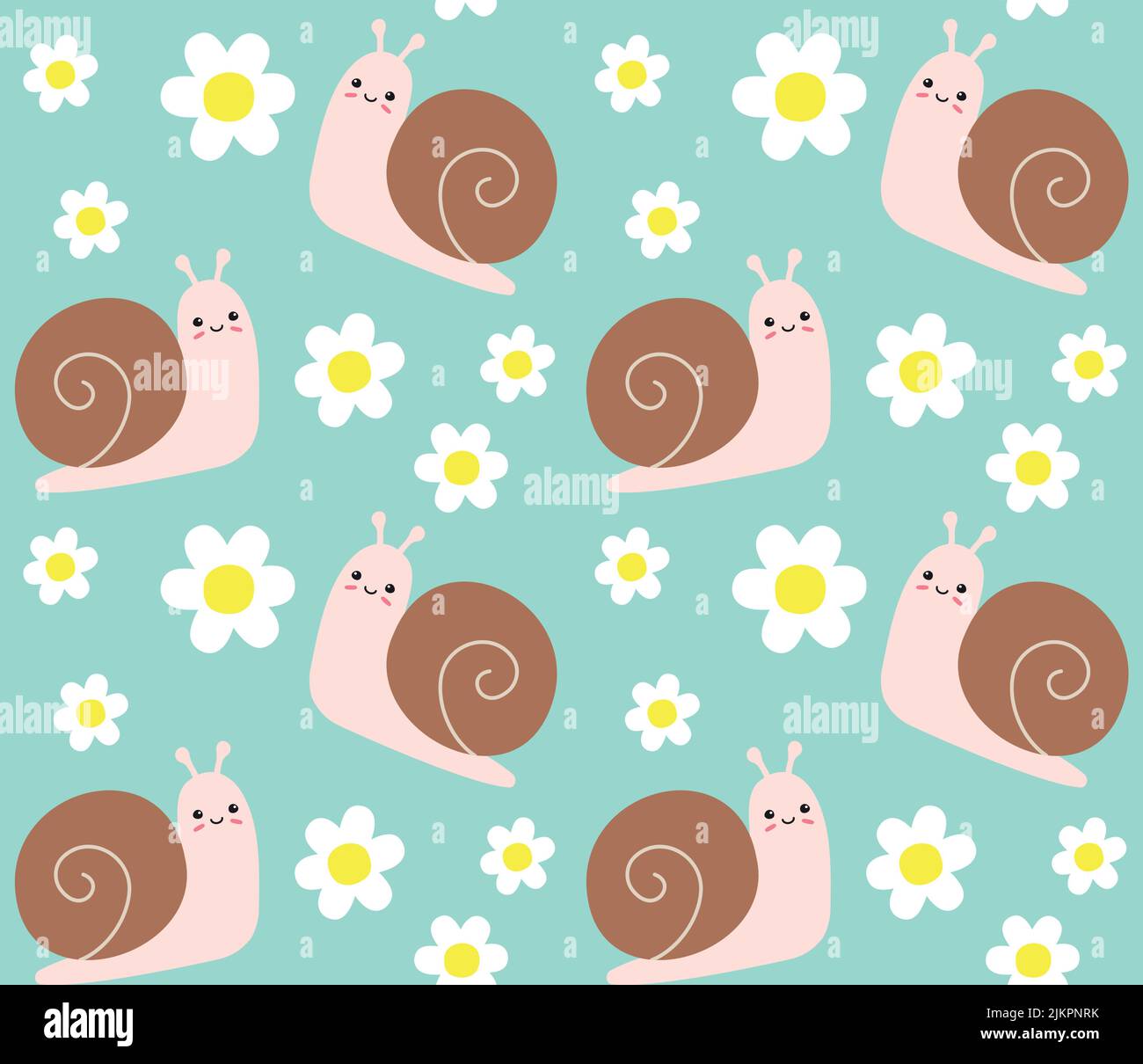 Vector seamless pattern of flat hand drawn snail and flower isolated on ...
