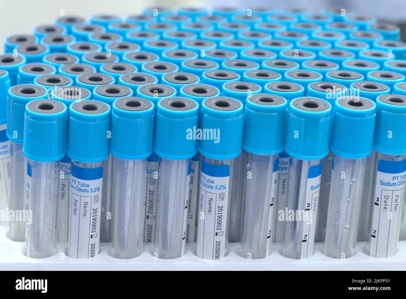 Closeup and selective focus a group of blue sample tube, sample tube