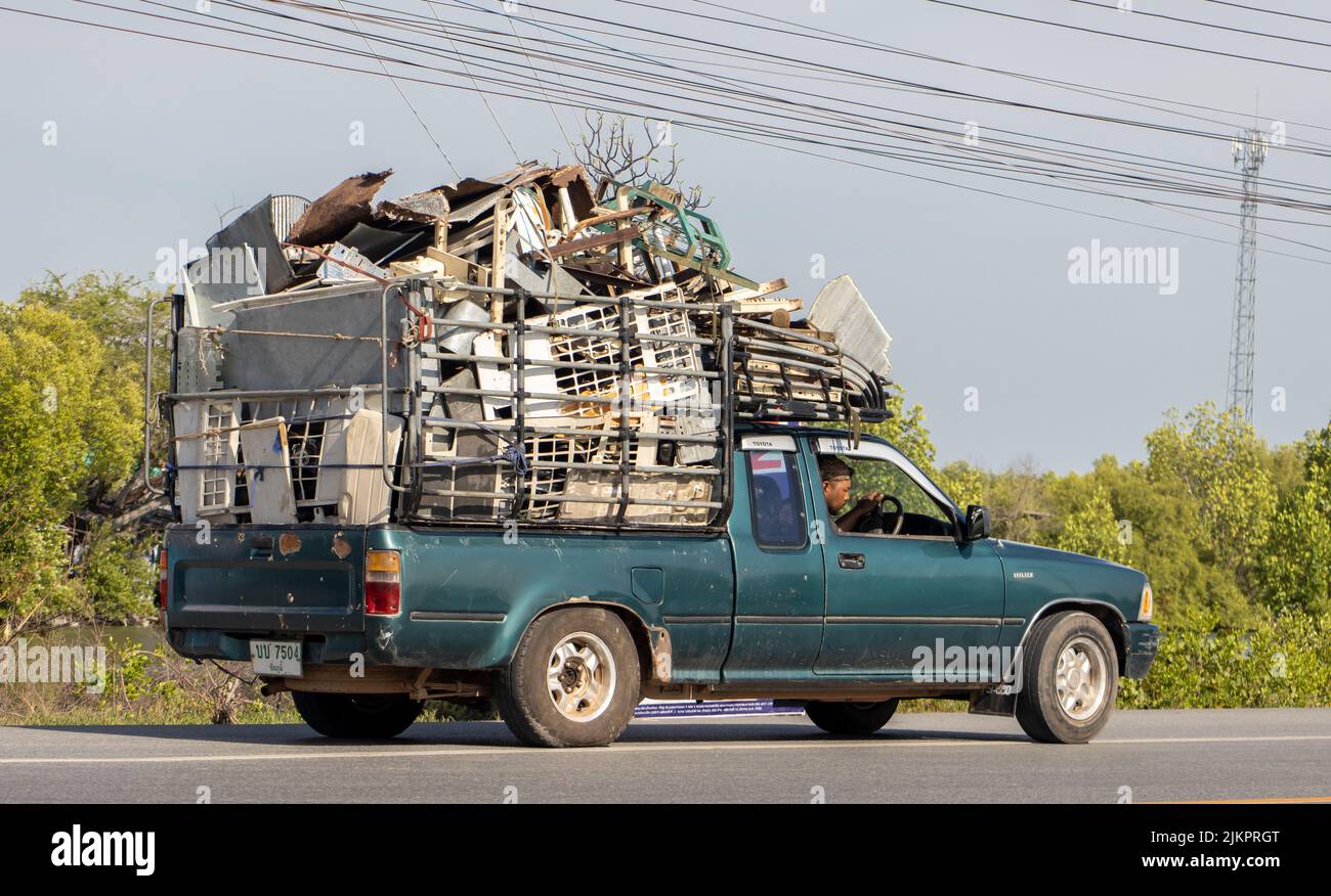 BANGKOK, THAILAND, APR 29 2022, A full loaded pick up car drives on the