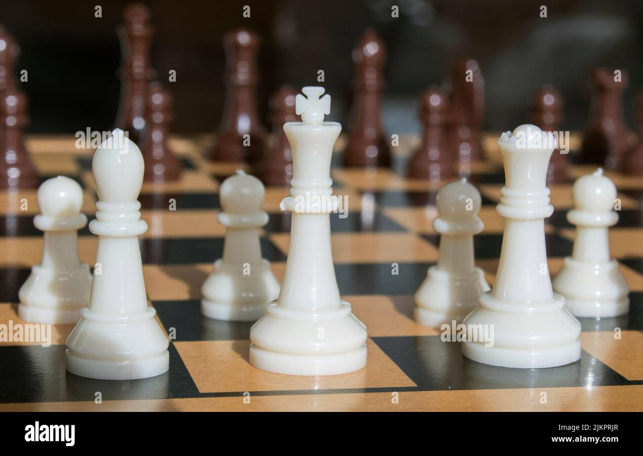 Chess pieces are set up and the battle is about to begin Stock Photo