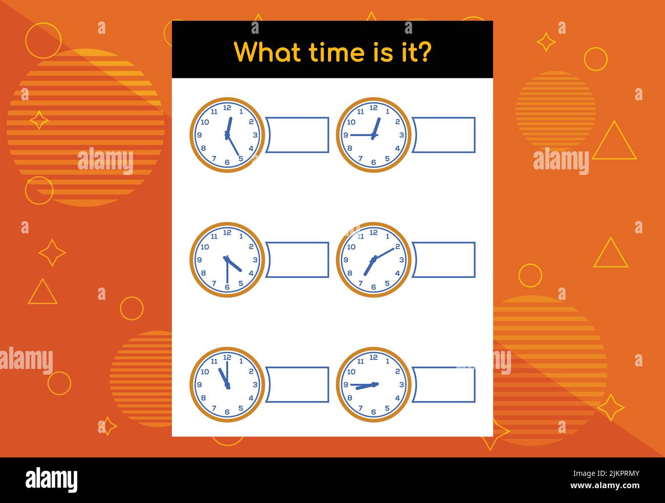 Learning time. Educational activities worksheet for kids. What time is it? Stock Vector