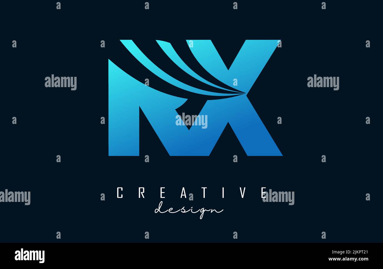 Creative blue letter RX R x logo with leading lines and road concept ...