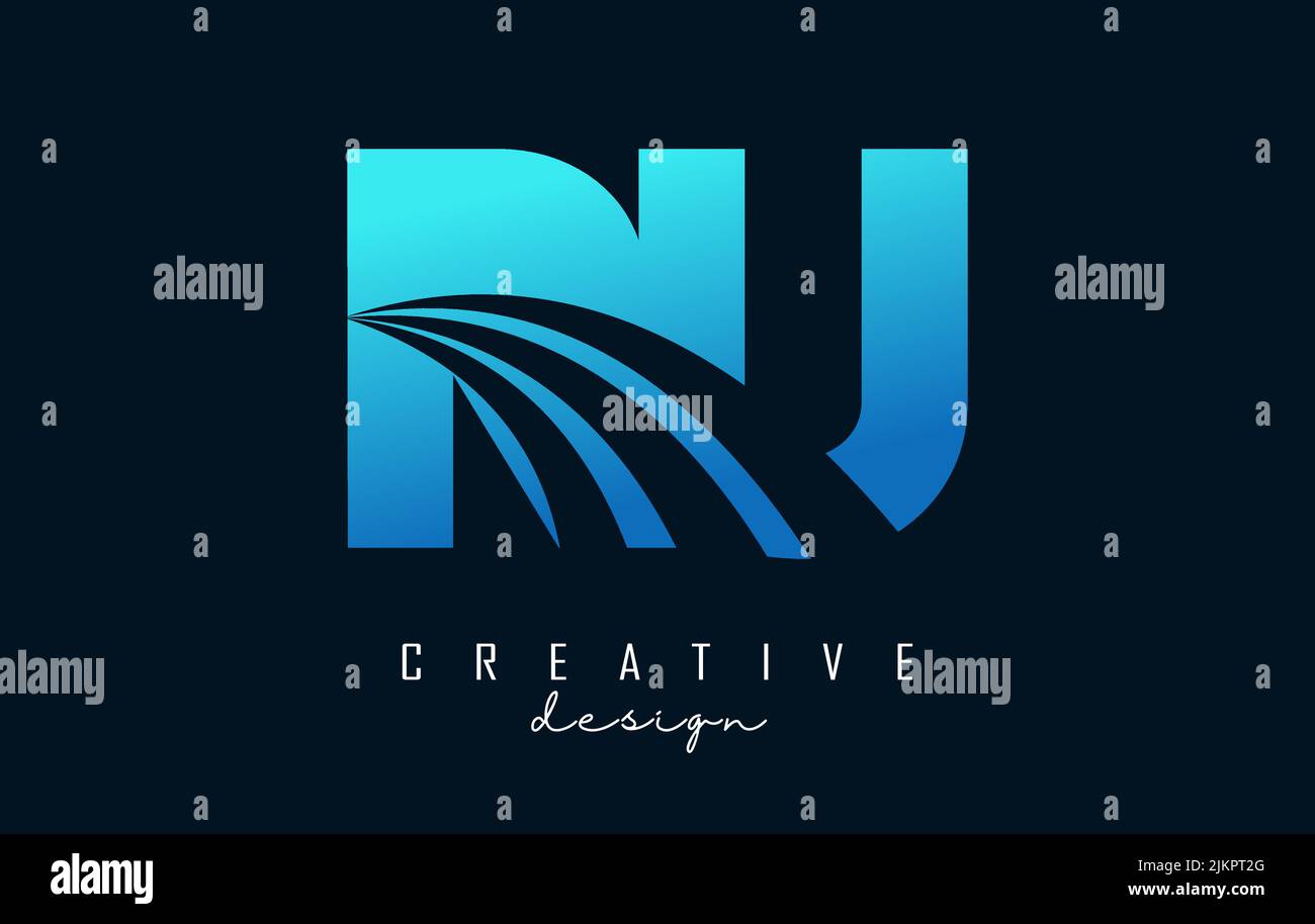 Creative blue letter RU R U logo with leading lines and road concept design. Letters with geometric design. Vector Illustration with letter and creati Stock Vector
