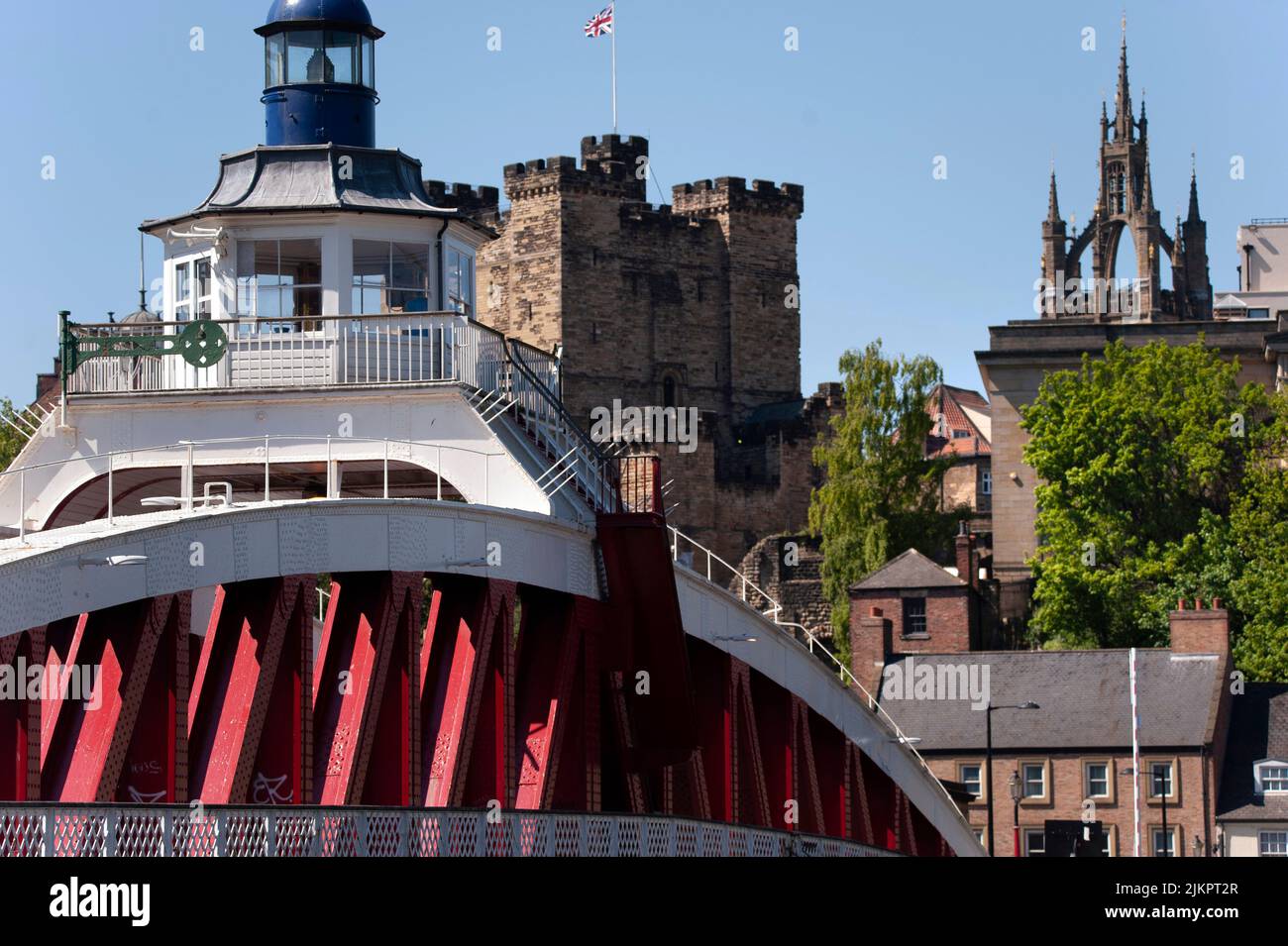 The Swing Bridge, St Nicholas Cathedral and castle keep, Newcastle Gateshead quayside Stock Photo