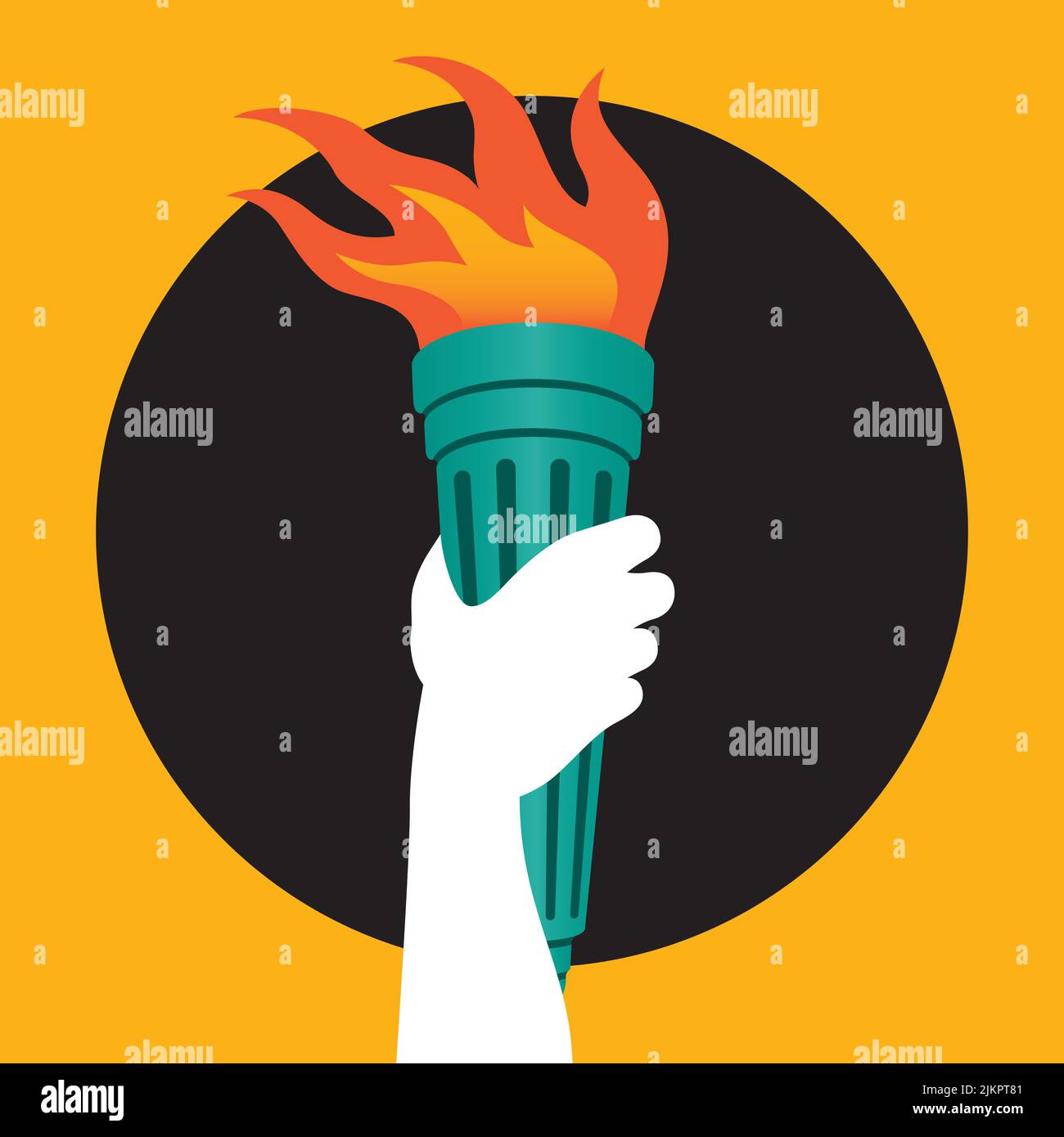 Badge or icon of arm holding burning torch Vector illustration of a persons arm holding a flaming torch high to symbolize enlightenment, freedom and k Stock Vector