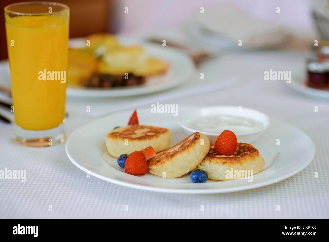 Close up picture of breakfast served in a hotel room Stock Photo