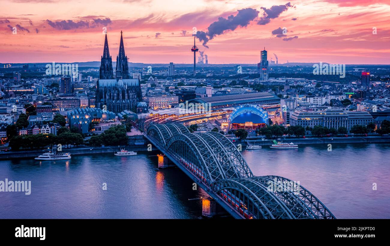 Cologne Koln Germany during sunset, Cologne bridge with the cathedral ...