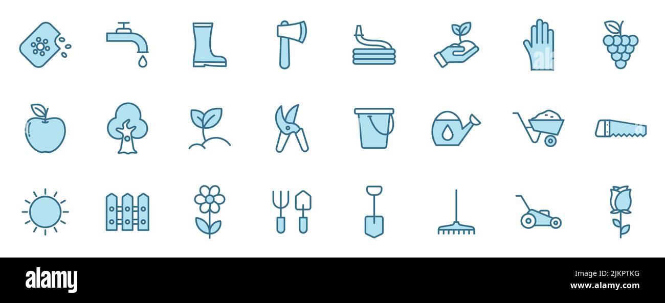 garden flat vector icons in two colors isolated on white background ...