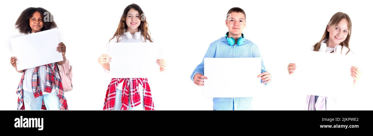 A collage of photos of stylish teenagers holding a white sheet of A3 paper in their hands horizontally. Mockup and Space for text. Stock Photo