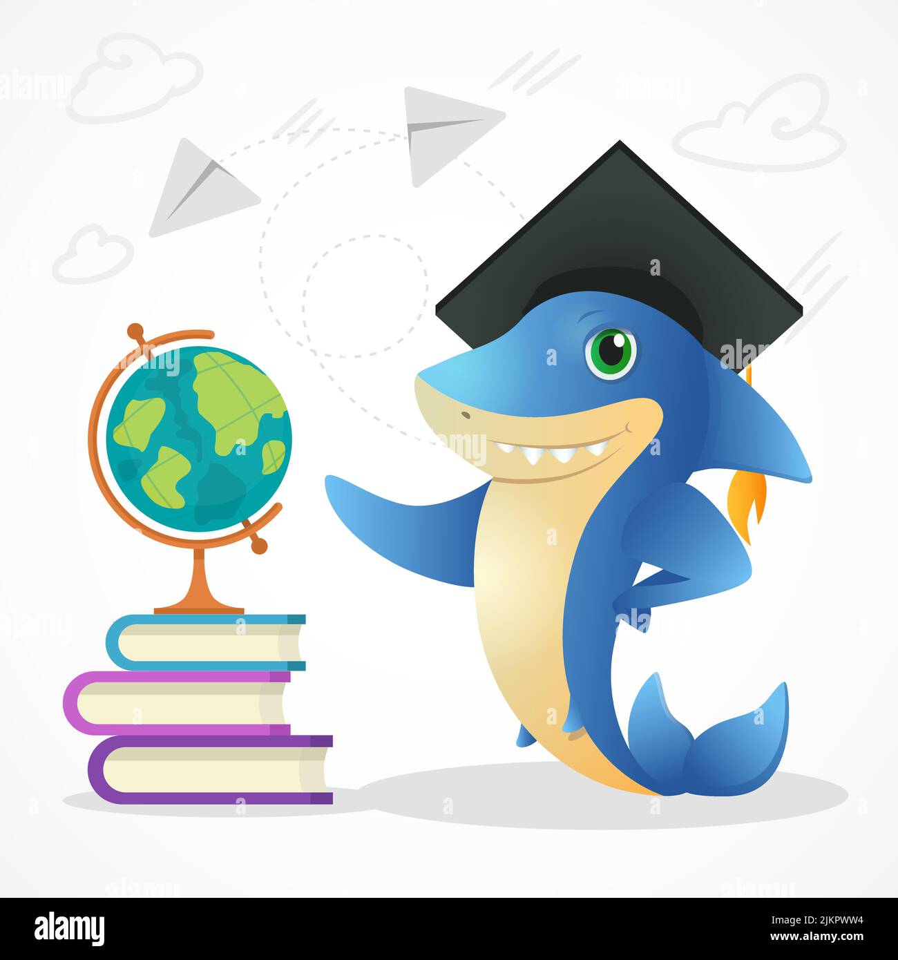 Cartoon alligtor mascot in graduate hat standing near book pack and globe. Student crocodile saying Hi to children Stock Vector