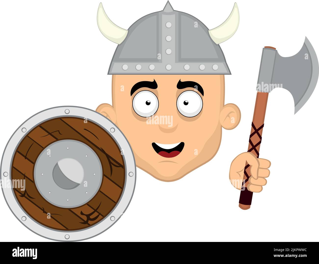 Vector illustration of the face of a cartoon viking with a helmet, shield and ax in hand Stock Vector