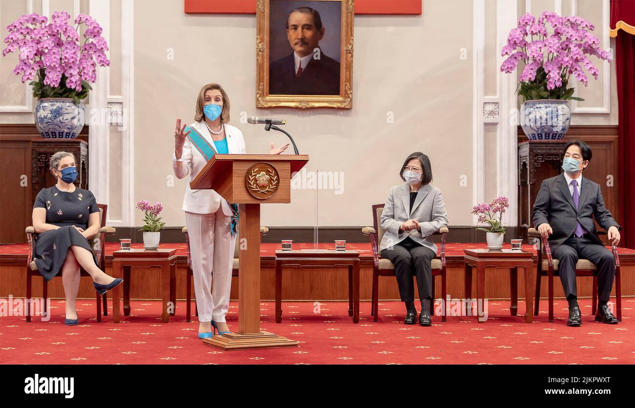 Taipei, Taiwan. 03rd Aug, 2022. U.S. Speaker of the House Nancy Pelosi, responds to a question during a joint press conference with Taiwan President Tsai Ing-wen, at the presidential office, August 3, 2022 in Taipei, Taiwan. Pelosi is leading a delegation of congressional leaders in a visit that has angered China. Credit: Wang Yu Ching/Taiwan Presidential Office/Alamy Live News Stock Photo