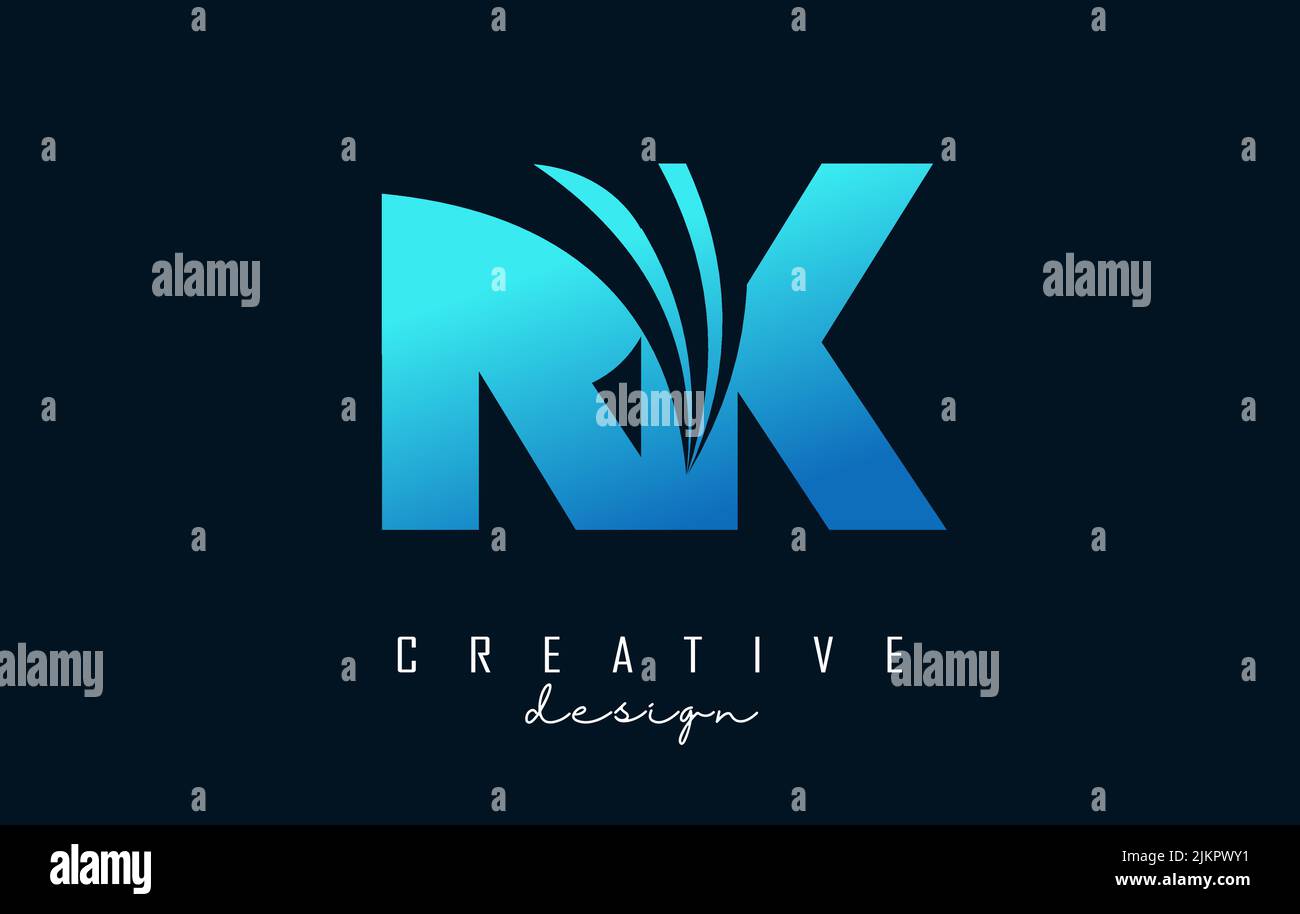 Creative blue letter RK r K logo with leading lines and road concept ...