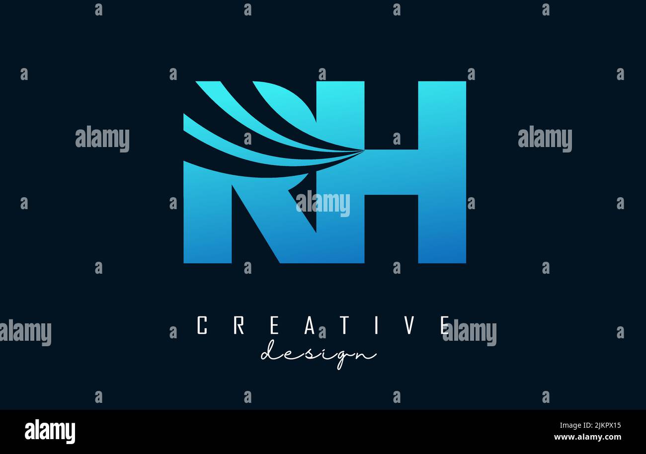Creative blue letter RH r h logo with leading lines and road concept ...