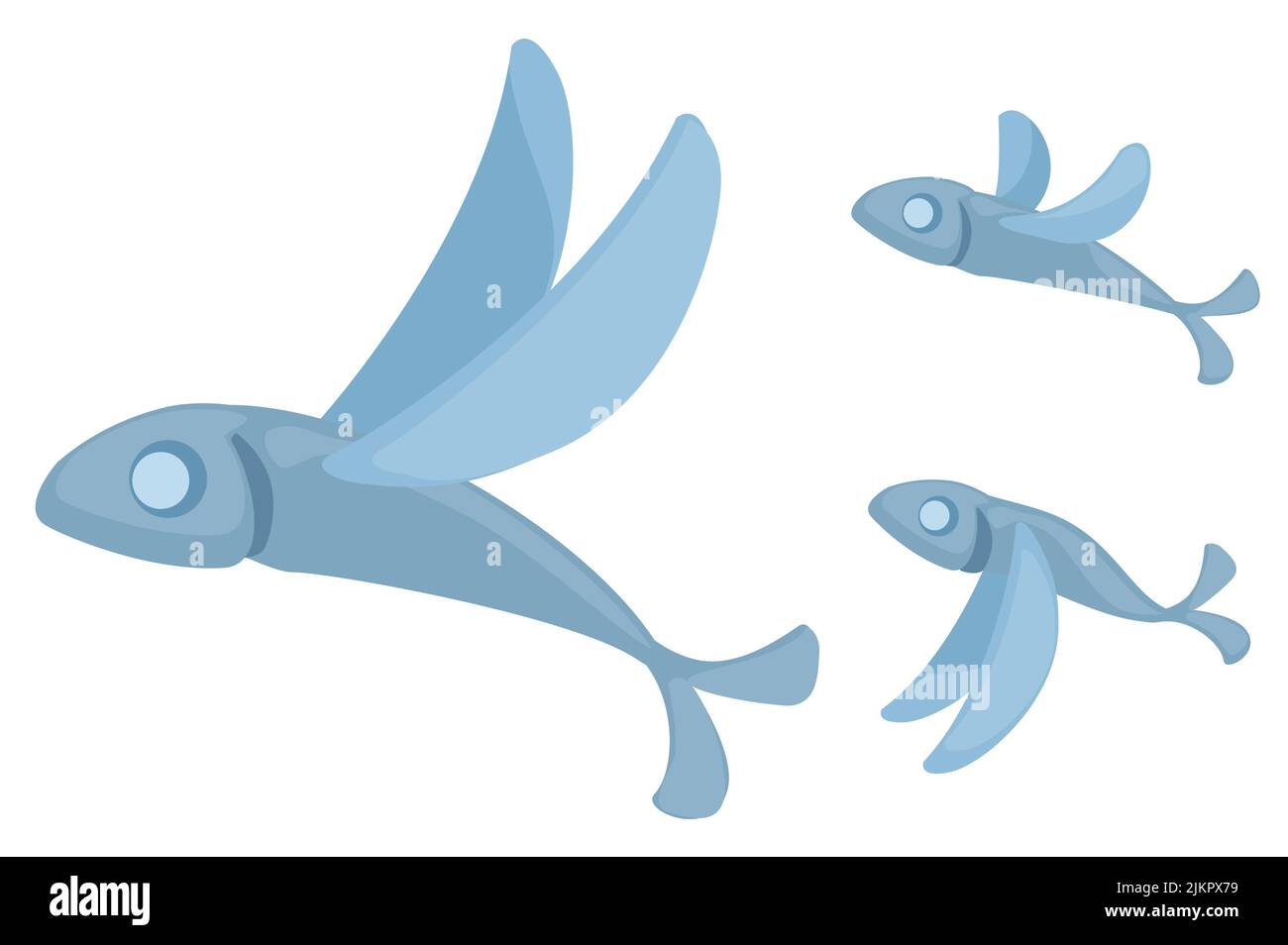 Flying fish cartoon design element set, isolated color vector, horizontal Stock Vector