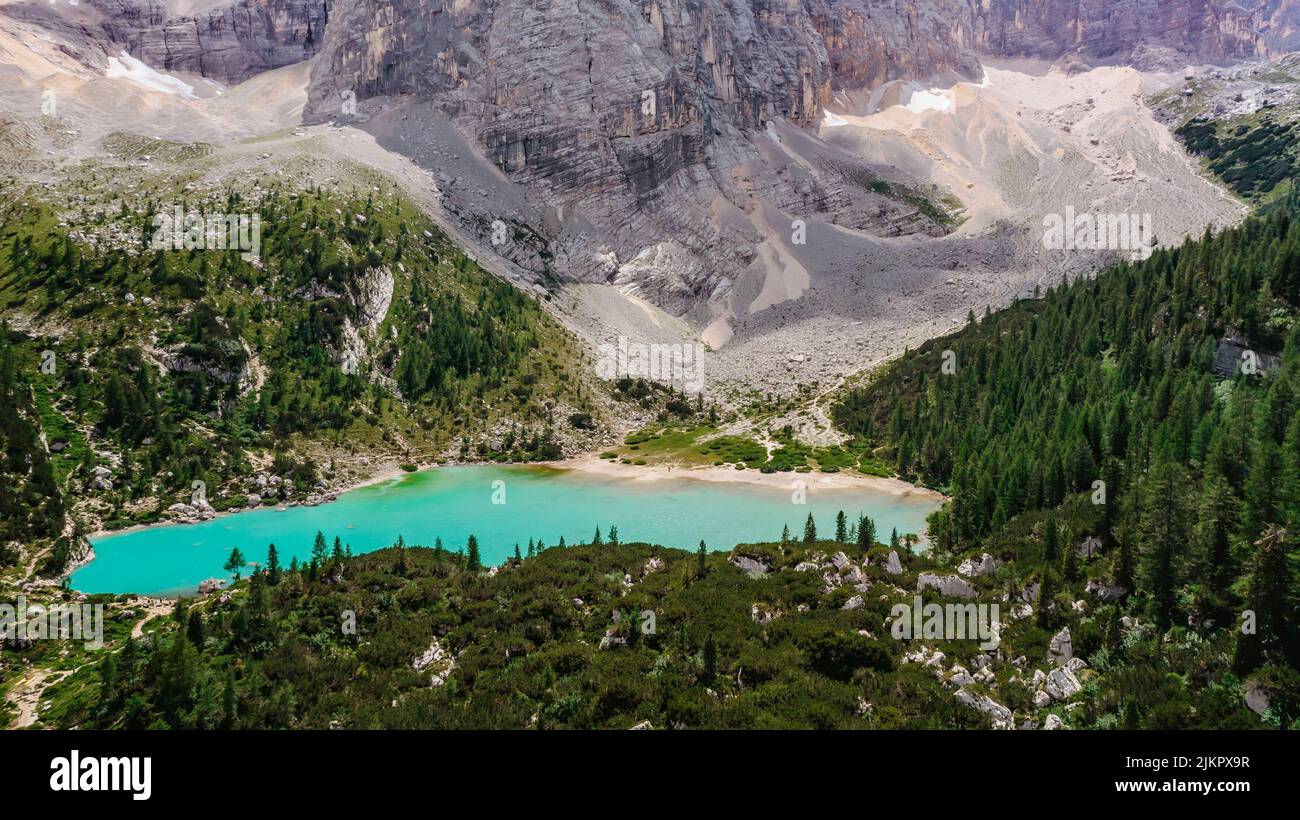 Lago di Sorapiss,beautiful mountain lake in Dolomite Alps,Italy.Turquoise color water is dust from the glacier.Limestone peaks,canyons of the Dolomite Stock Photo